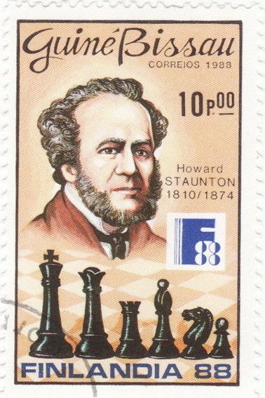 A stamp printed in Guinea-Bissau shows Howard Staunton, Chess players serie, circa 1988