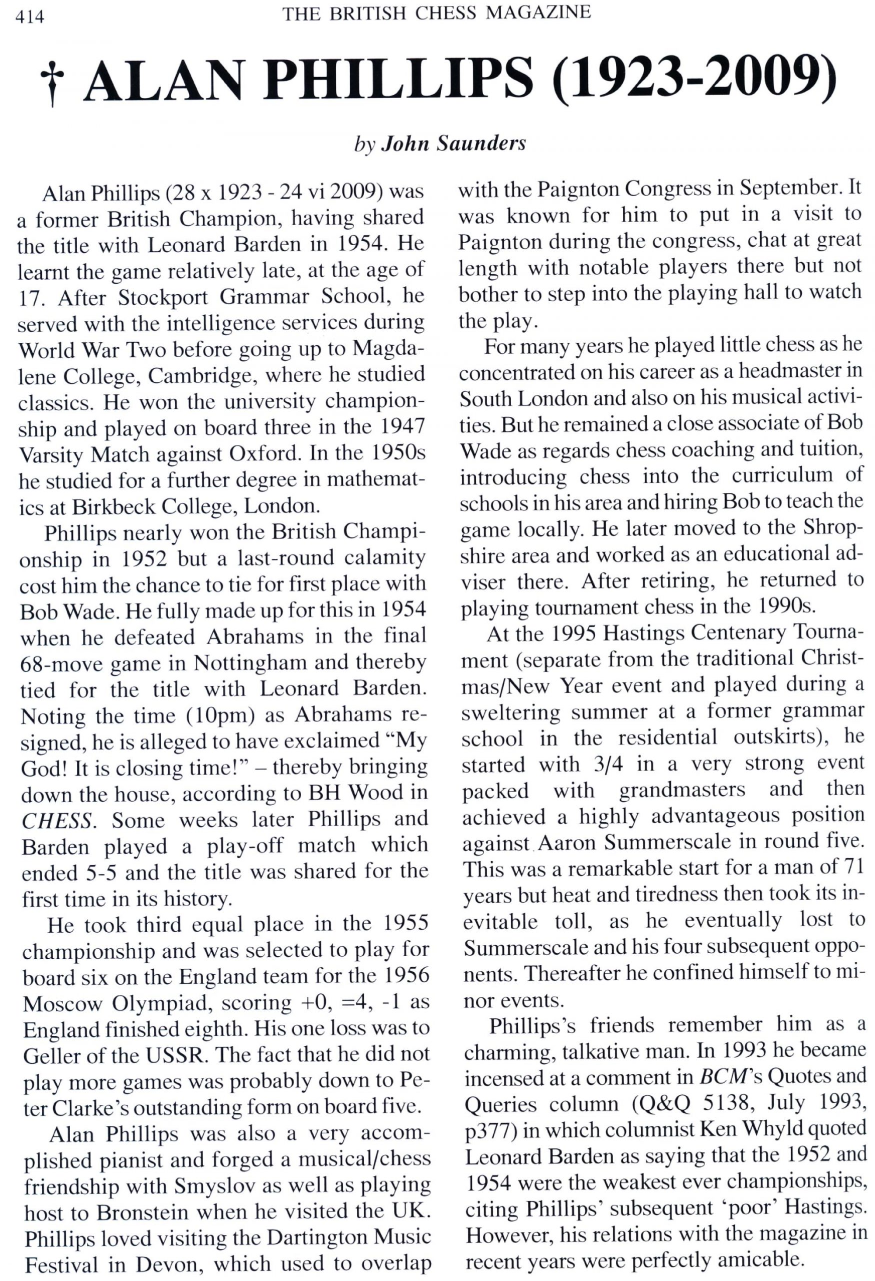 Obituary of Alan Phillips by John Saunders from British Chess Magazine, 2009. Part One