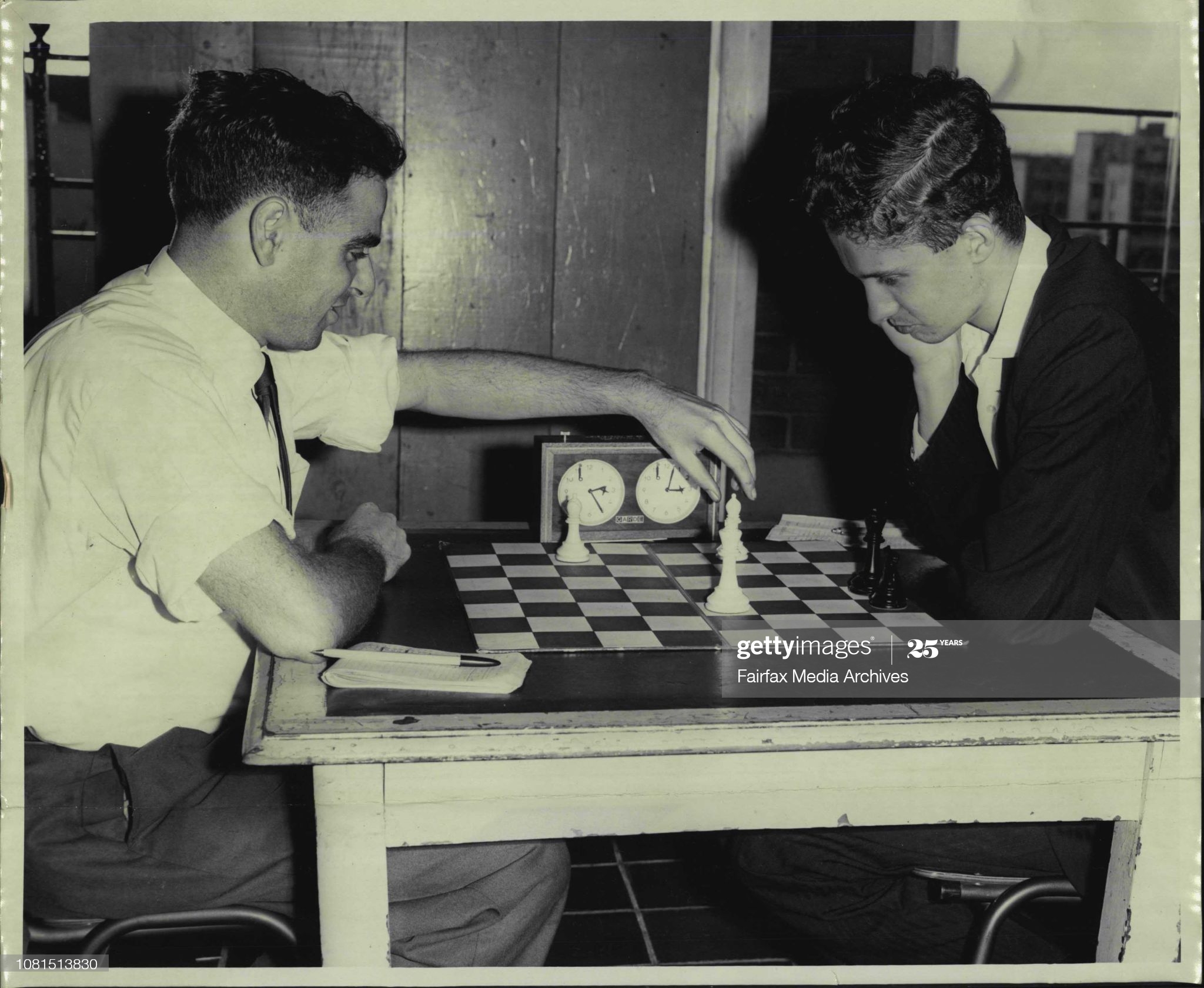 Tonight two Sydney ***** the N.S.W. Chess Championship at the Chess centre Liverpool St., City. They are Fred E Flatow, 28 of Belmore (left.) and Max Fuller, 21, of Kingsgrove (right). They have been playing for about 10 Hrs up till 6.15 p.m. and had move 121. The match will go on till move 144 at which stage a draw will be declared or until either man wins before then. February 23, 1966. (Photo by Richard John Pinfold/Fairfax Media via Getty Images).