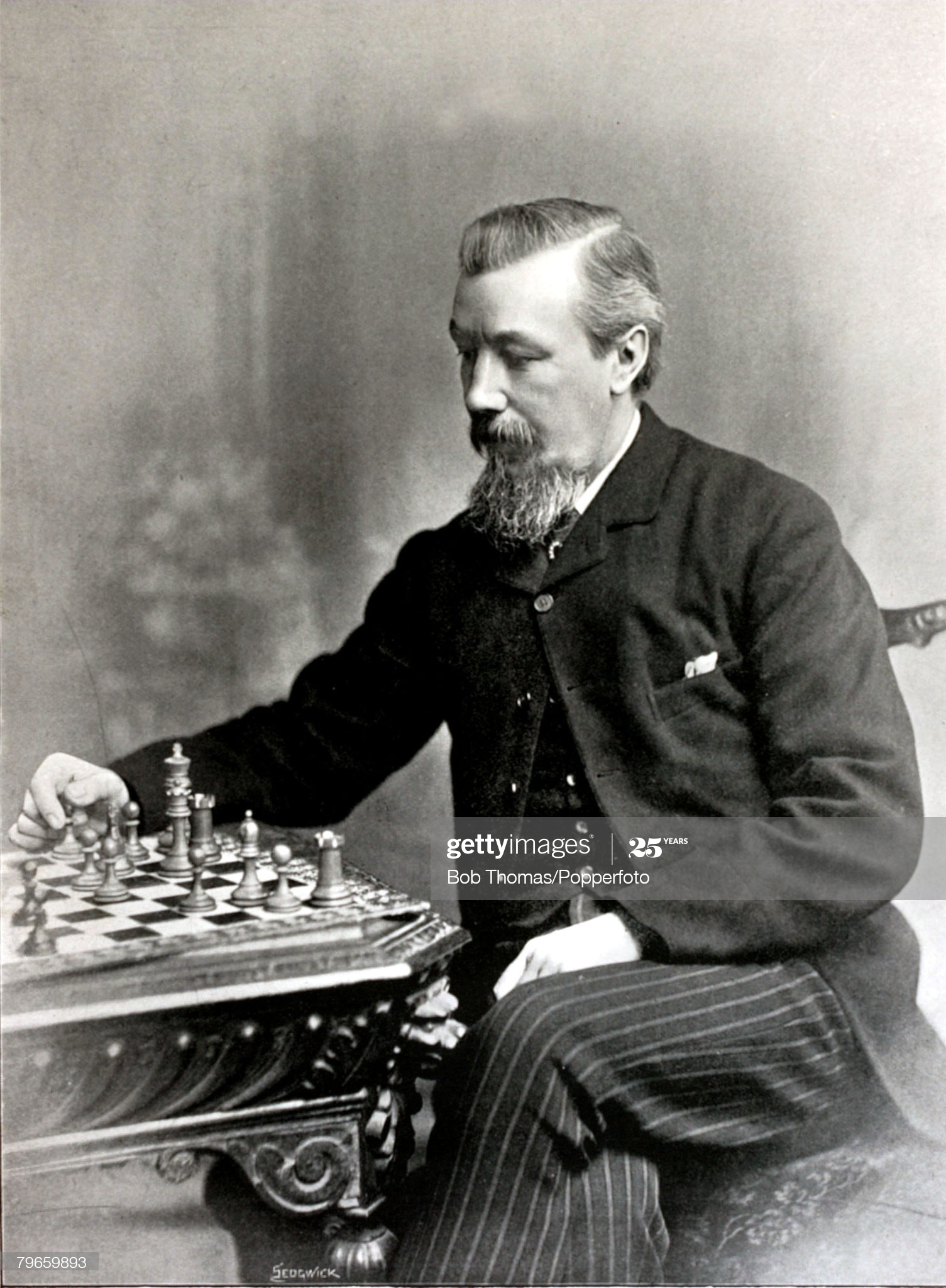 Chess, circa 1896, JH Blackburne, well known chess player, who had toured both on the Continent and America,able to make between 40 to 60 moves when blindfolded by sheer memory (Photo by Bob Thomas/Popperfoto via Getty Images/Getty Images)