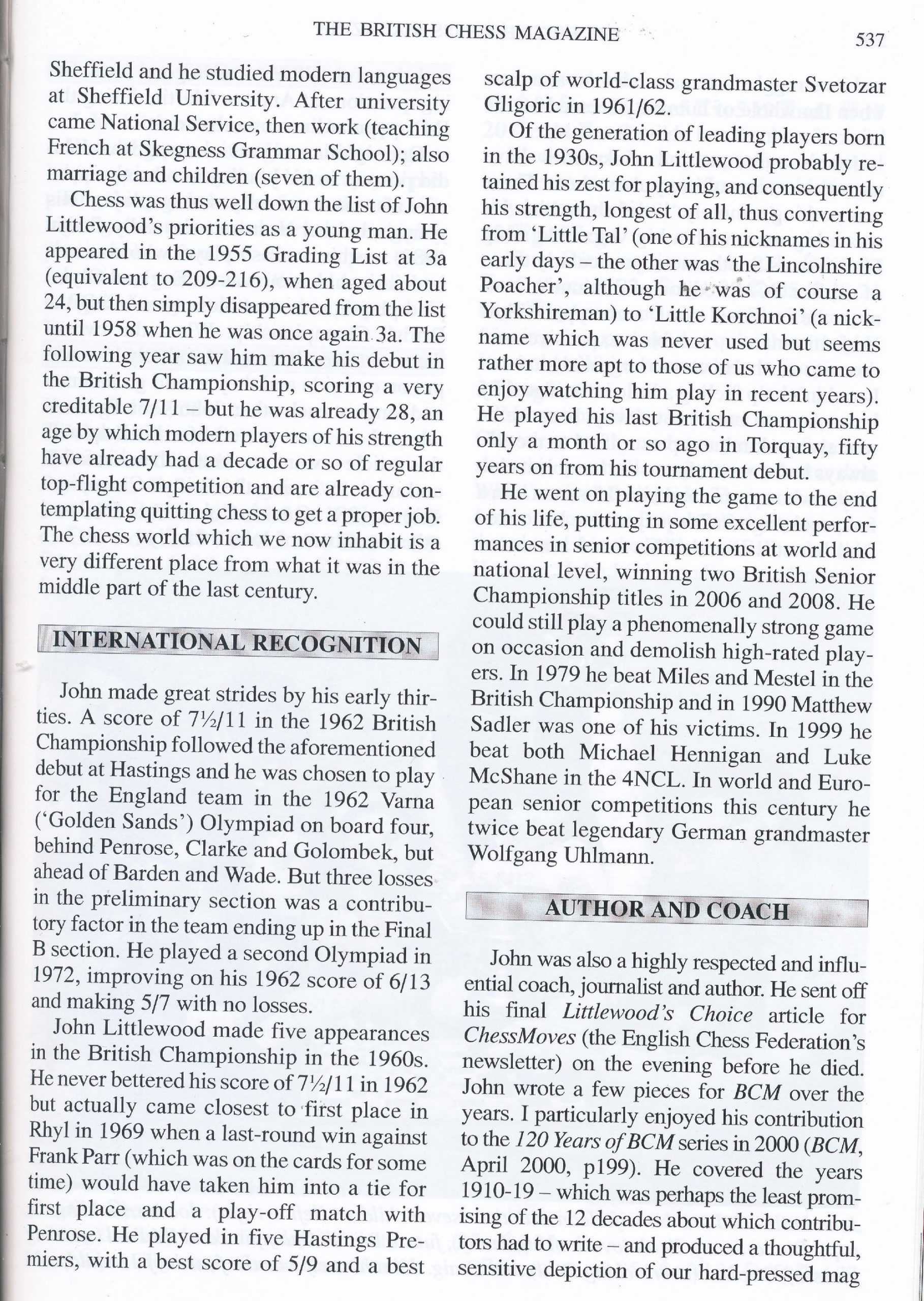 British Chess Magazine, Volume CXXIV (129), 2009, Number 10, October, page 537
