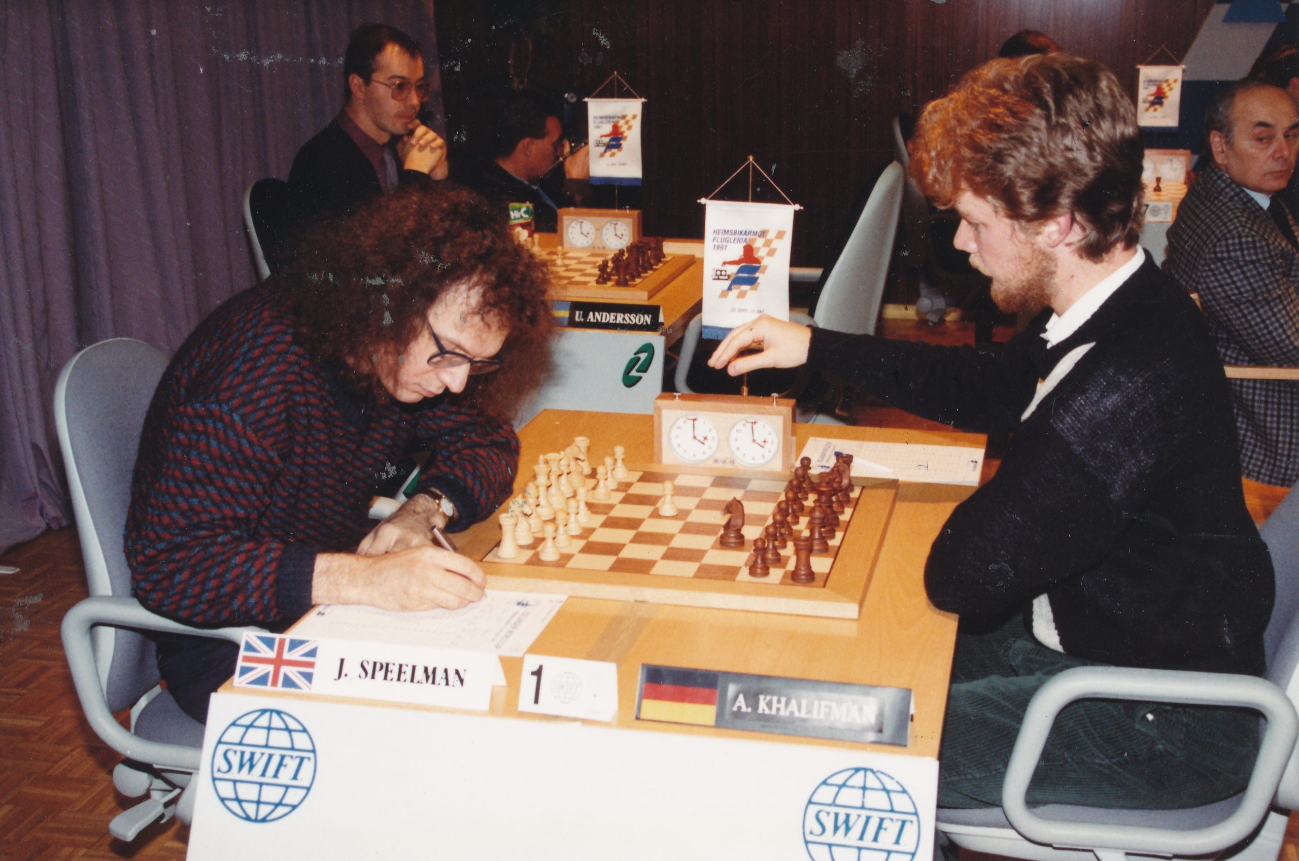 JS plays Alexander Khalifman during the SWIFT World Cup in Reykjavik, 1991. The game was drawn