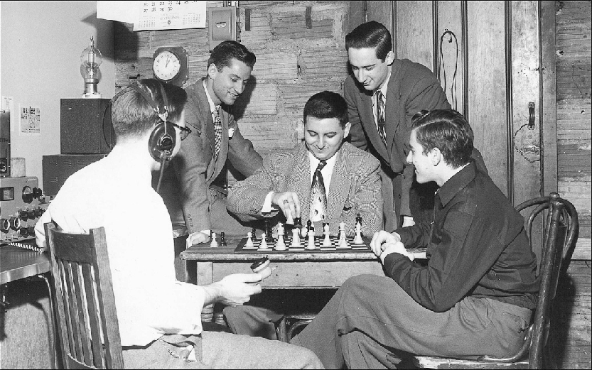 The Columbia College chess team of 1949–1952 after a radio match with Yale. Right to left: James Sherwin, Eliot Hearst, Carl Burger, Francis Mechner (Courtesy of the Columbia University Archives).