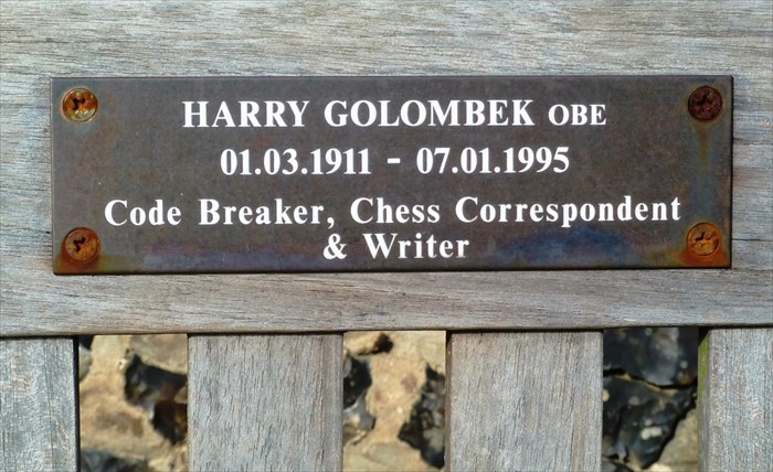 The Harry Golombek memorial bench at St Giles Churchyard, Chalfont St Giles in Buckinghamshire. Photogra[h courtesy of Geoff Chandler.