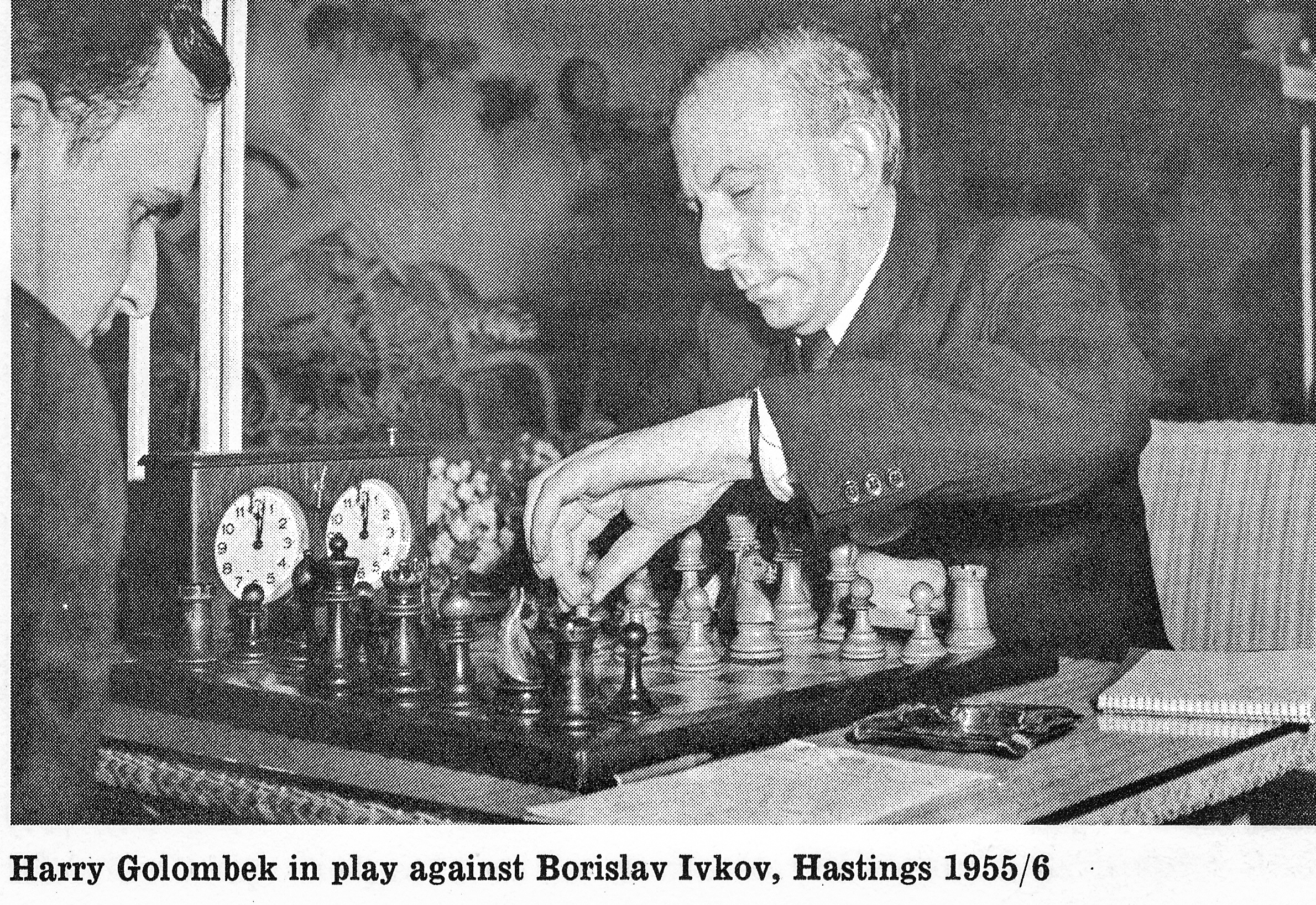 Harry Golombek in play against Borislav Ivkov, Hastings 1955/6.