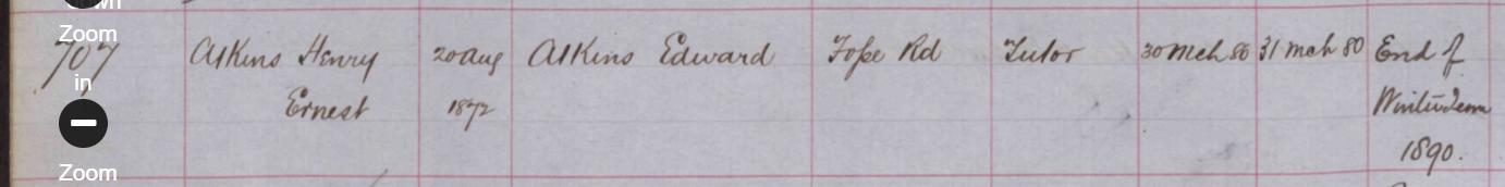 School admission record for Henry Ernest Atkins