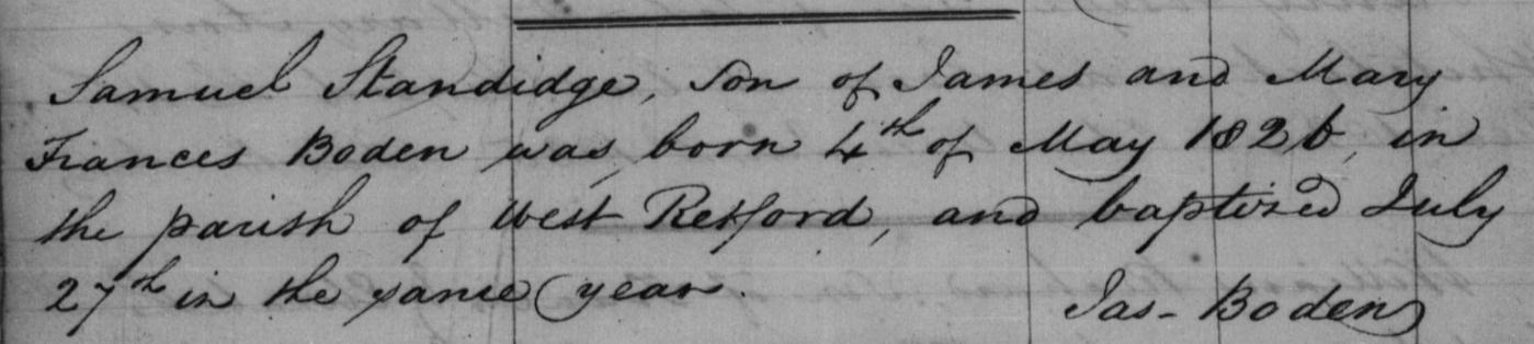 Birth and (first) baptismal record of Samuel Standidge Boden recorded by his father. The record set is "England & Wales Non-Conformist Births And Baptisms"