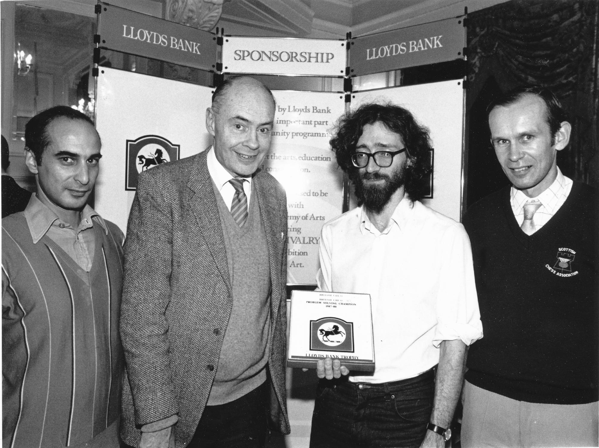 Winners of the Lloyds Bank 1987-8 British Solving Championships: (l-r) David Friedgood (runner-up), Sir Jeremy Morse, Jonathan Mestel (winner) and Jonathan Lennox (third-place)