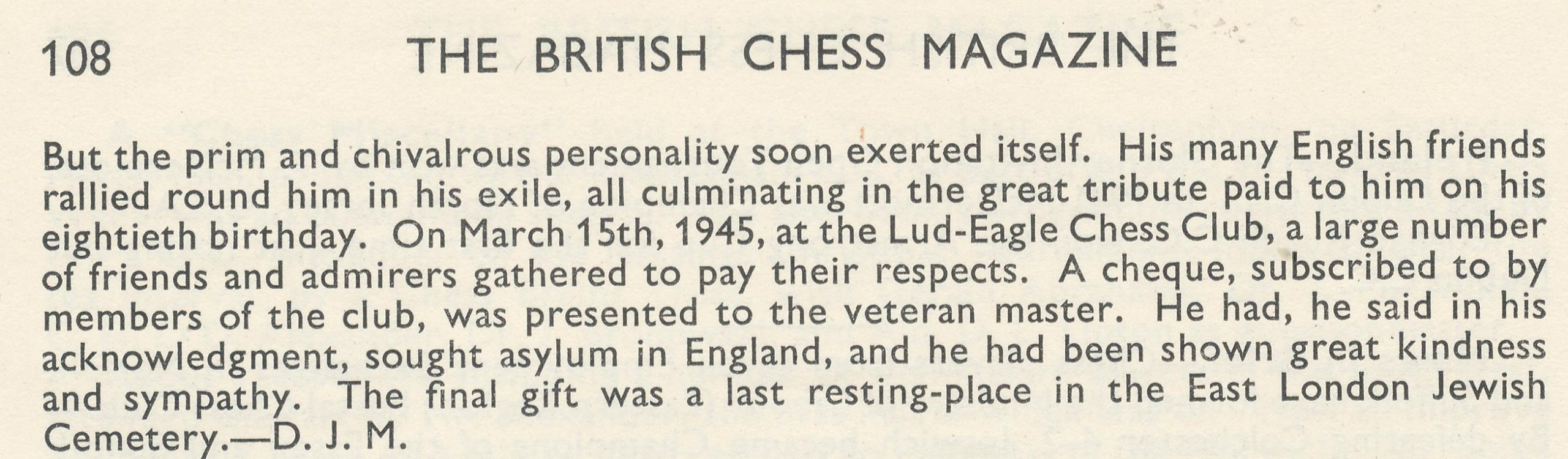 Obituary of Jacques Mieses by DJ Morgan. British Chess Magazine, Volume LXXIV (74, 1954), Number 4 (April), pp. 107-108.