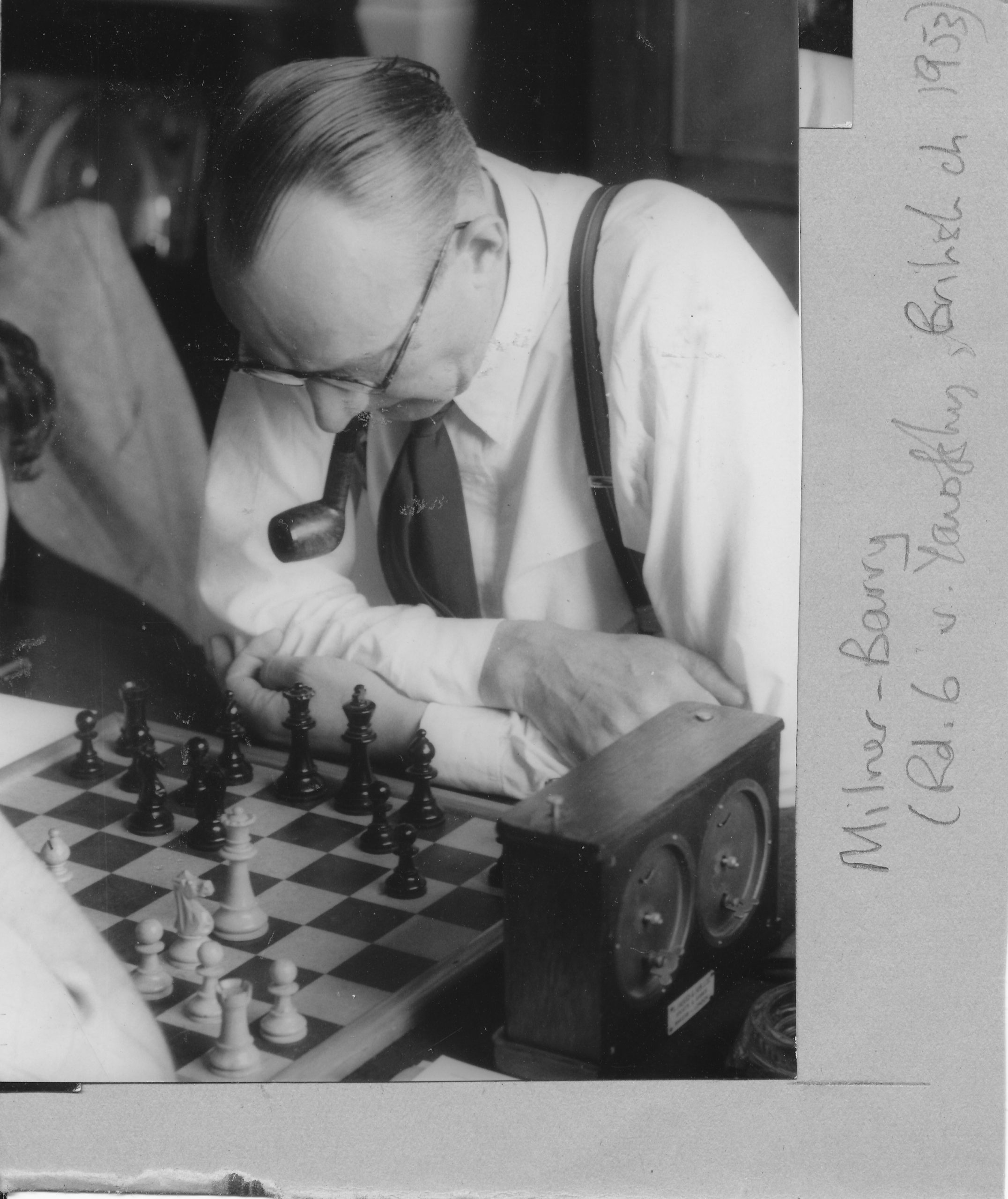 Sir Stuart Milner-Barry in play against Daniel Yanofsky from round 6 of the British Championship in Hastings, 15th August 1953