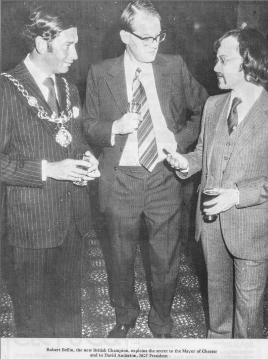 From the BCF 1979-90 Year Book of Chess : Robert Bellin, the new British Champion, explains the secret to the Mayor of Chester (?) and to David Anderton, BCF President