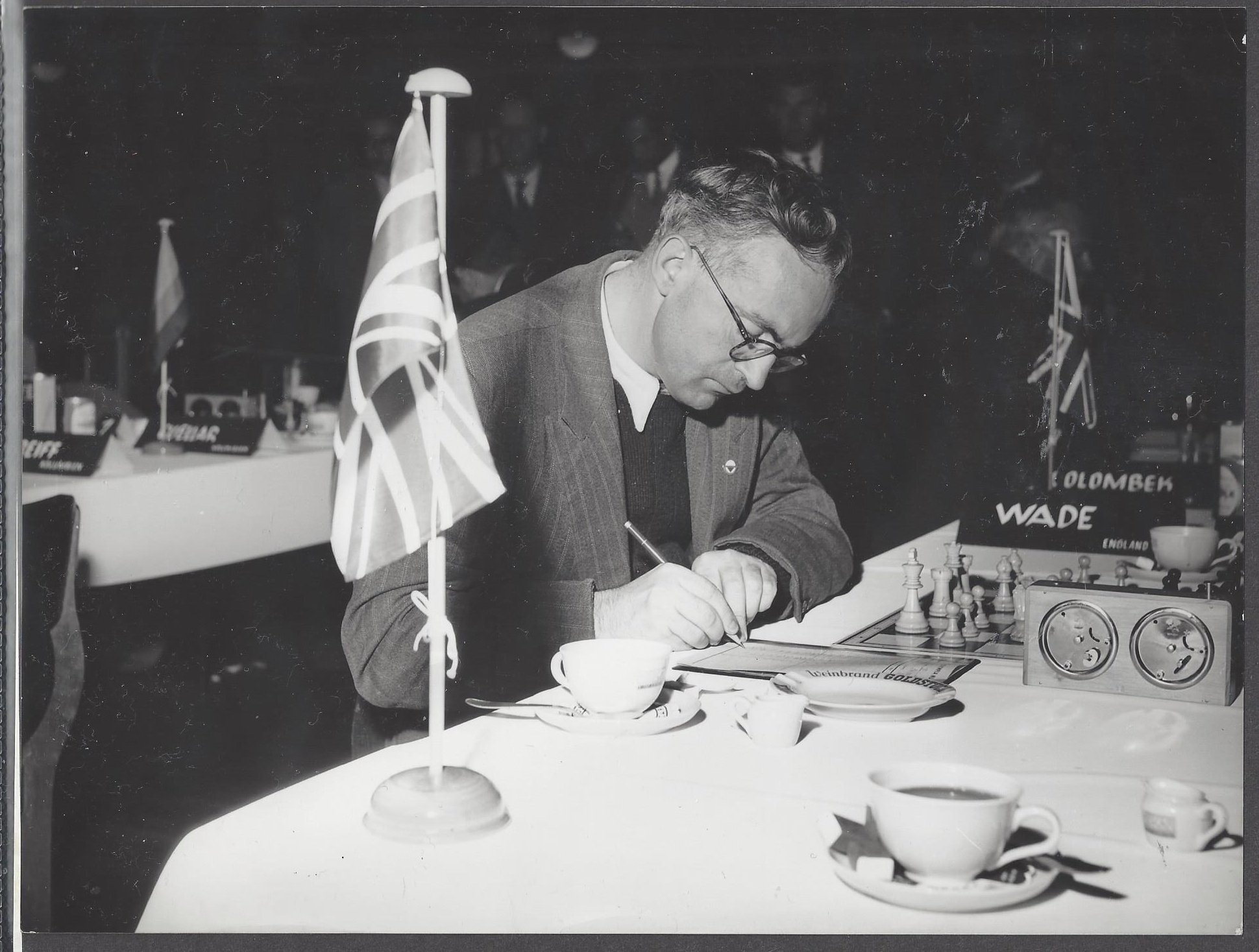 Bob Wade v. Aldecoa of the Philippines from the 1958 Munich Olympiad played on October 9th 1958. The game was won by Bob in 60 moves. From the collection of David Jarrett with many thanks.