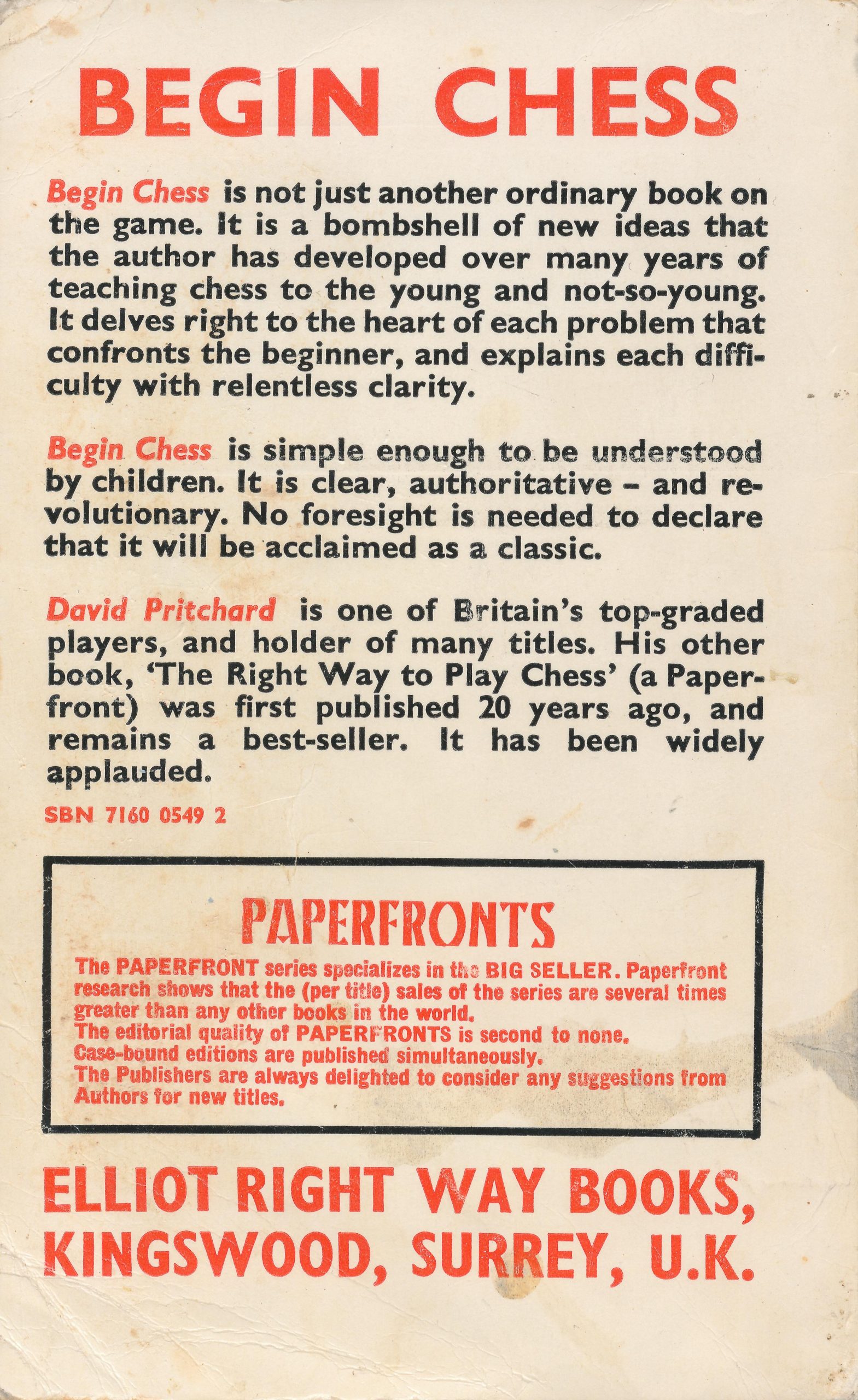 Begin Chess by David Brine Pritchard, Elliot Right Way Books, 1970