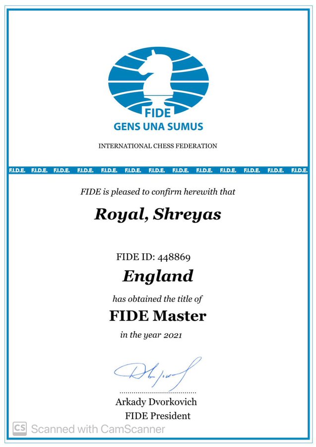 FIDE FM Certificate for Shreyas Royal