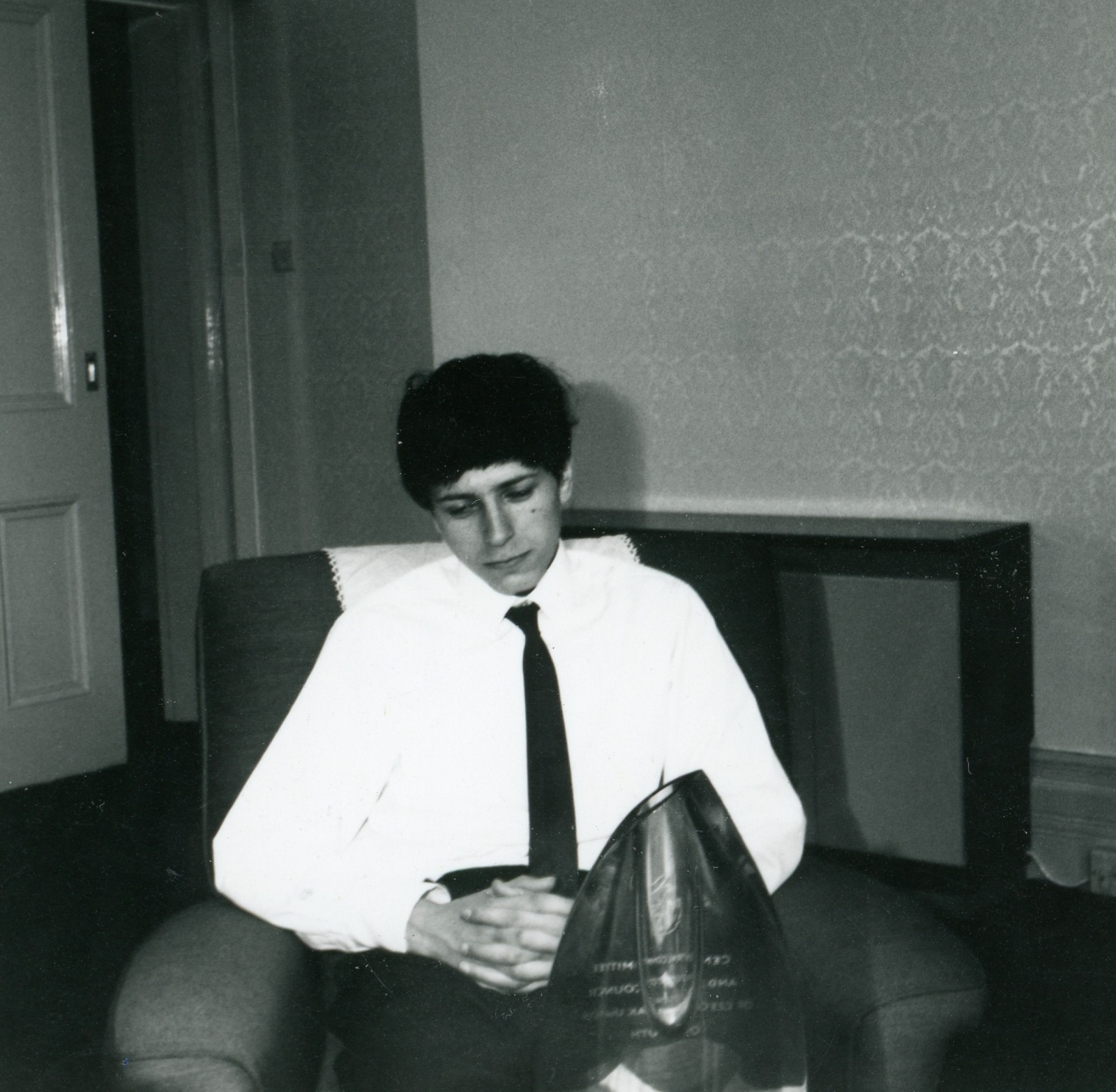 Michael contemplates a wonderful trophy from 1967 from the Central Committee and Student Council of the Czechoslovak Union of Youth
